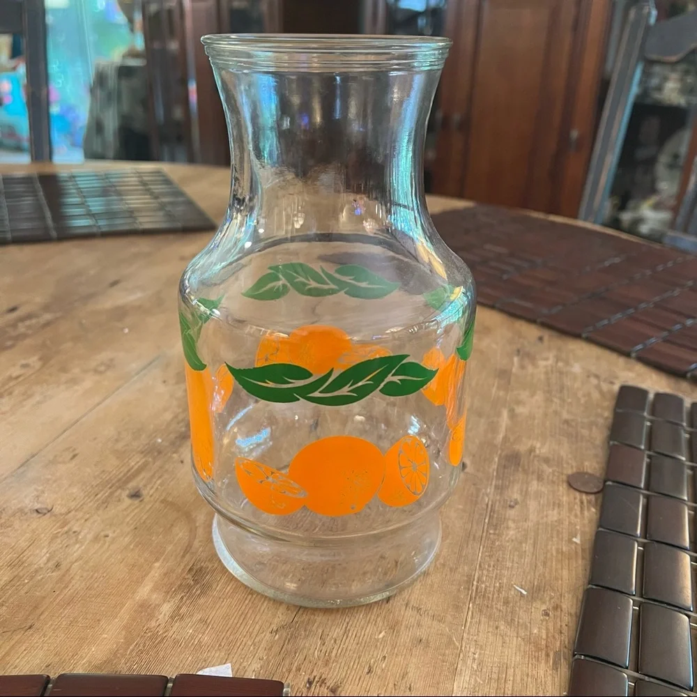 Orange Juice Glass Pitcher VTG 70’s Carafe Kitchen Kitschy Collectible